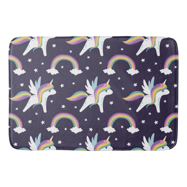 Cute Fairy Unicorn + rainbows blue background Bathroom Mat (Front)