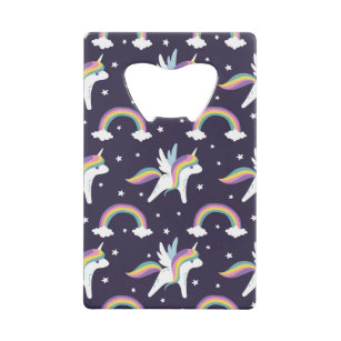 Cute Fairy Unicorn + rainbows blue background Credit Card Bottle Opener