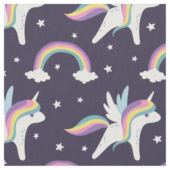 Cute Fairy Unicorn + rainbows blue background Fabric (Close Up)