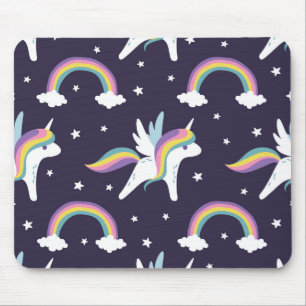 Cute Fairy Unicorn + rainbows blue background Mouse Pad
