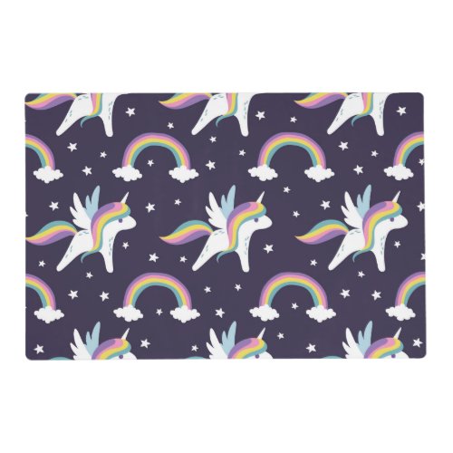 Cute Fairy Unicorn  rainbows blue background Placemat