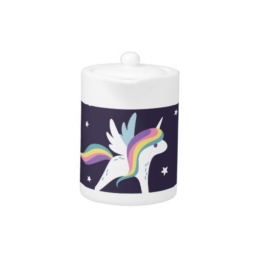 Cute Fairy Unicorn  rainbows blue background Teapot