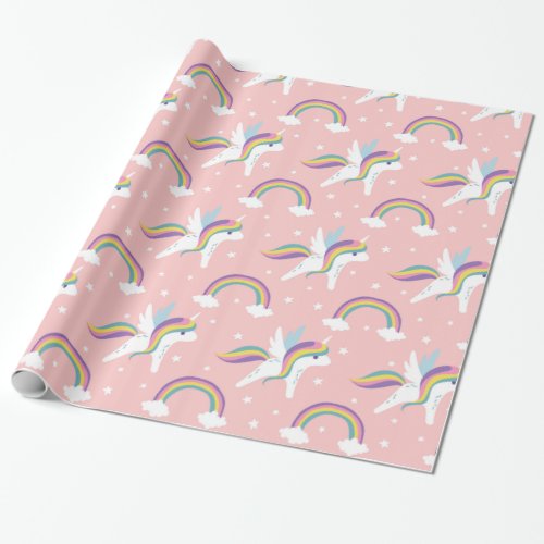 Cute Fairy Unicorn  rainbows pink background Wrapping Paper