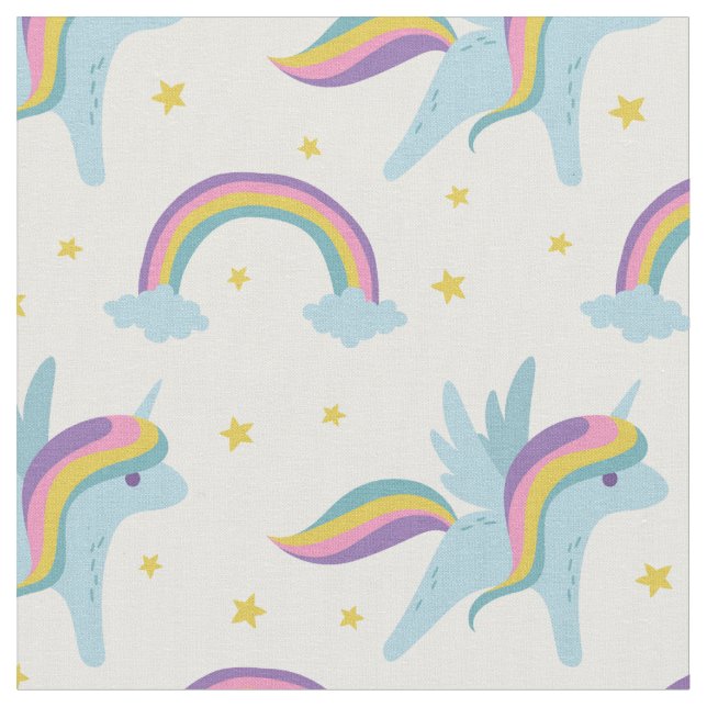 Cute Fairy Unicorn + rainbows white background Fabric (Close Up)