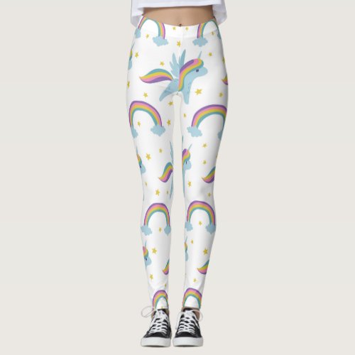 Cute Fairy Unicorn  rainbows white background Leggings