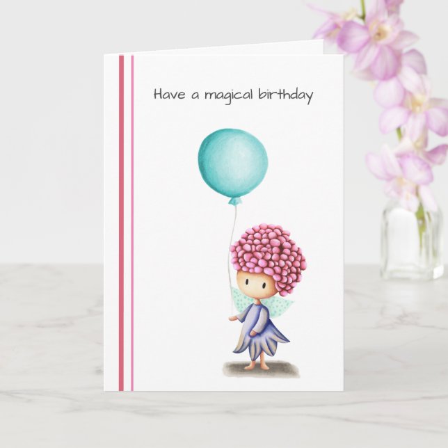 Cute Fairy with Balloon Personalized Birthday Card (Orchid)