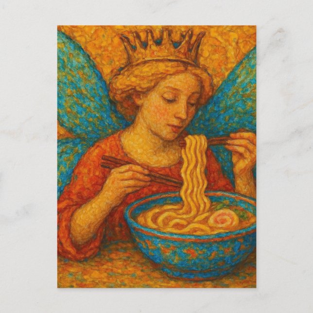 Cute Fairy with Blue Wings Eating Ramen Postcard (Front)