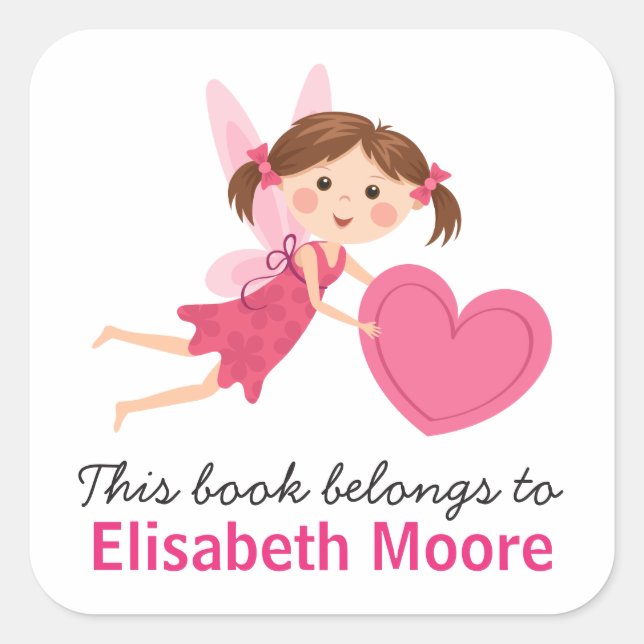Cute fairy with pink heart kids bookplate book (Front)