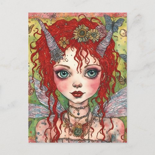 Cute Fairy With Red Hair and Horns Postcard