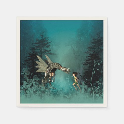 Cute fairy with steam dragon in a fantasy forest paper napkins