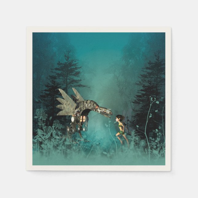 Cute fairy with steam dragon in a fantasy forest paper napkins (Front)