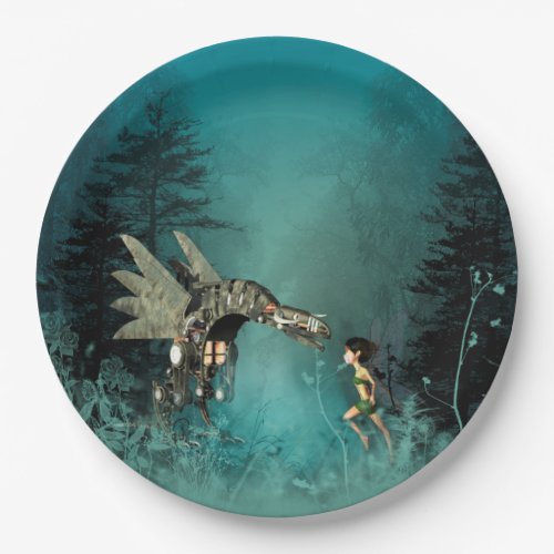 Cute fairy with steam dragon in a fantasy forest paper plates