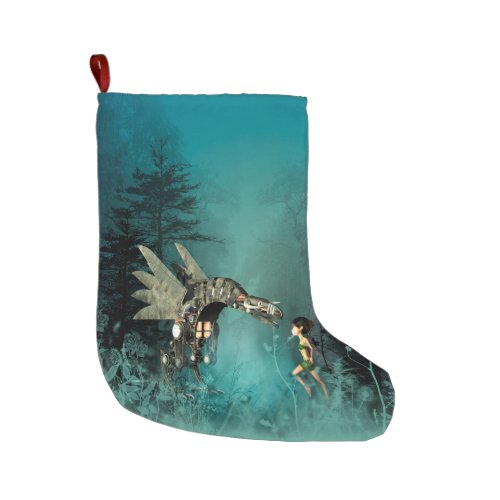 Cute fairy with steam dragon large christmas stocking