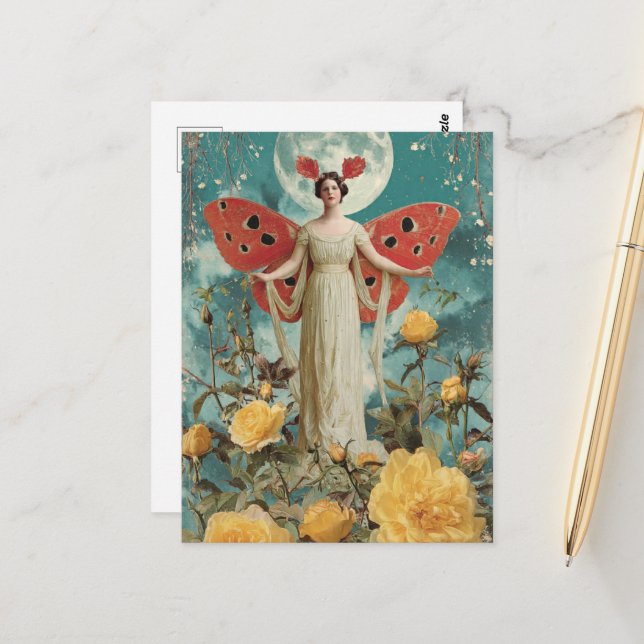 Cute Fairy With Yellow Roses and the Moon Postcard (Front/Back In Situ)