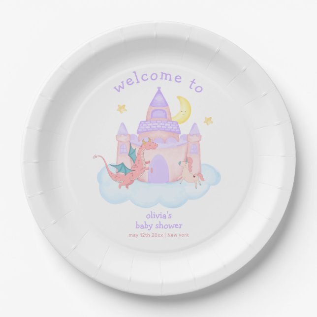 Cute Fairytale Dragon Unicorn Baby Shower Welcome  Paper Plates (Front)