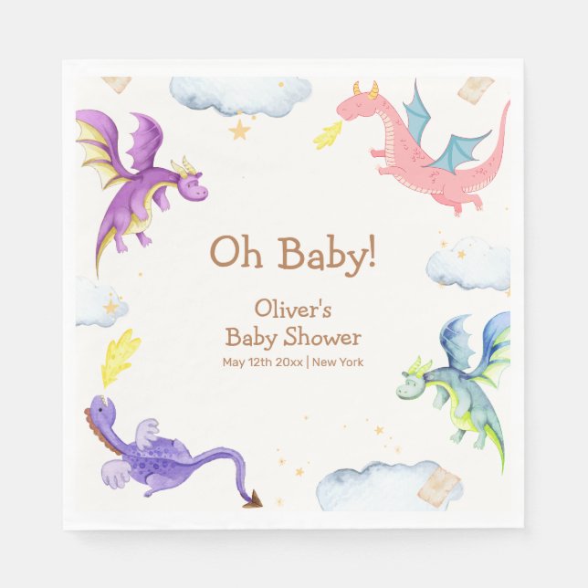 Cute Fairytale Magic Dragon Baby Shower  Napkins (Front)
