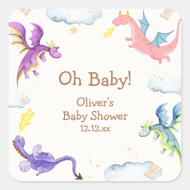 Cute Fairytale Magic Dragon Baby Shower  Square Sticker (Front)