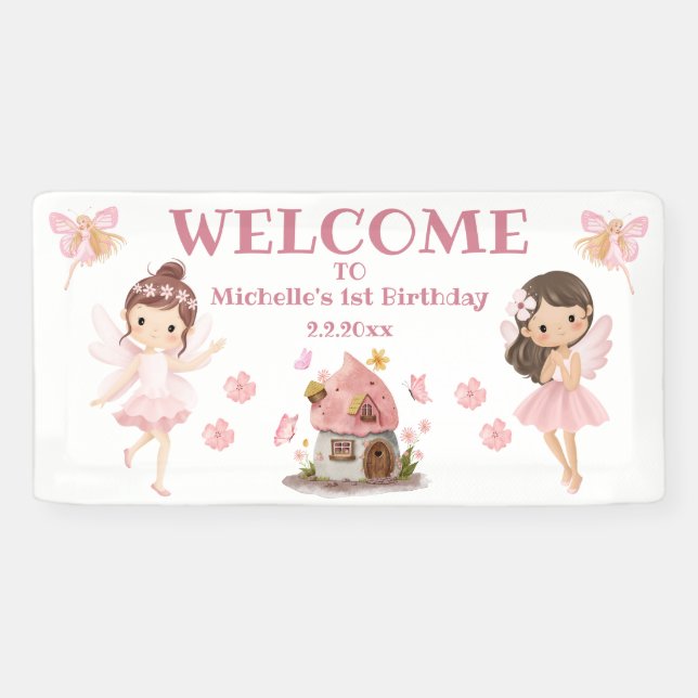 cute fairytales girl 1st birthday pink welcome banner (Horizontal)
