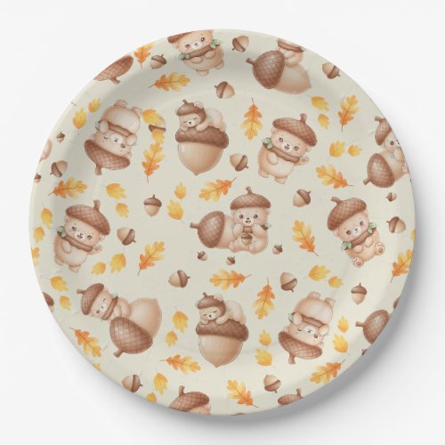 Cute Fall Acorn Bear Seamless Pattern Paper Plates