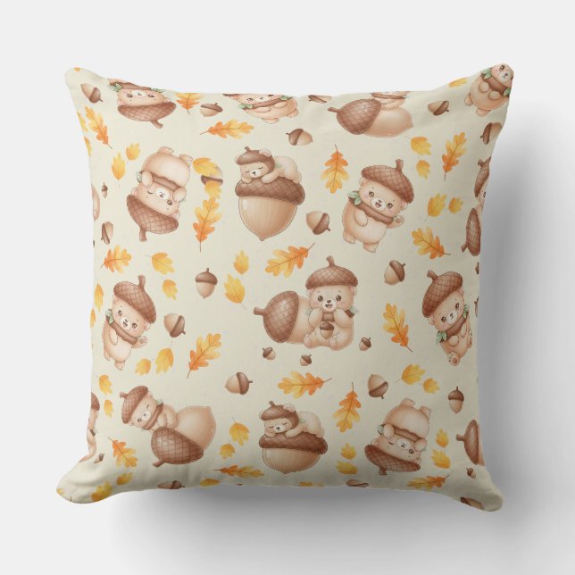 Cute Fall Acorn Bear Seamless Pattern Throw Pillow (Front)
