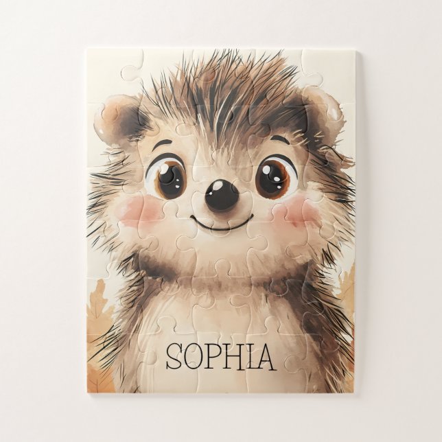 Cute Fall Animal Hedgehog Personalized Name Kids Jigsaw Puzzle (Vertical)