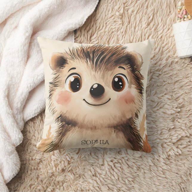 Cute Fall Animal Hedgehog Personalized Name Kids Throw Pillow (Blanket)