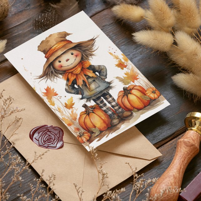 Cute Fall Autumn Scarecrow with Pumpkin and Leaves Card (Cute watercolor scarecrow for autumn, fall and Thanksgiving holidays with leaves and pumpkins.)