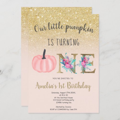 Cute fall blush gold little pumpkin 1st birthday invitation