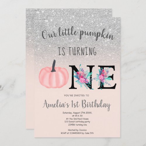 Cute fall blush silver little pumpkin 1st birthday invitation