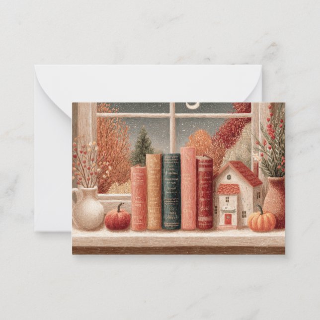 Cute Fall Botanical Bookshelf Note Card (Back)