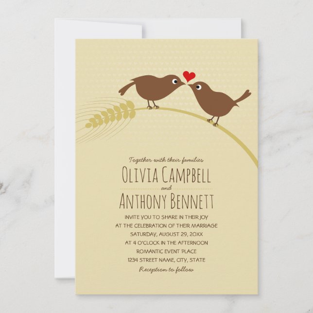 Cute Fall Country Unique Wheat Love Birds Wedding Invitation (Front)