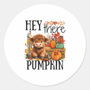 Cute Fall Cow Hey There Pumpkin Autumn Thanksgivin Classic Round Sticker
