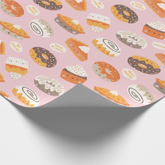 Cute fall cupcakes, donuts and pies with text wrapping paper (Corner)