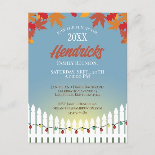 Cute Fall Family Reunion picket fence decorated Postcard