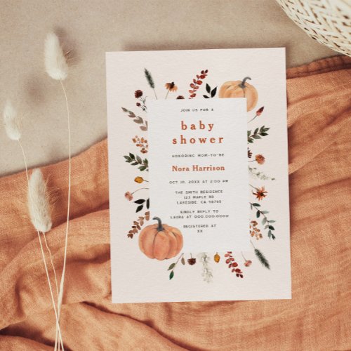 Cute Fall Floral Frame Pumpkin Baby Shower Invitation