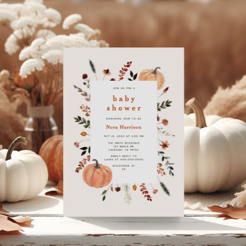 Cute Fall Floral Frame Pumpkin Baby Shower Invitation