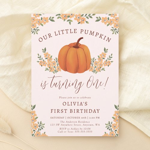 Cute Fall Floral Little Pumpkin Girl 1st Birthday Invitation