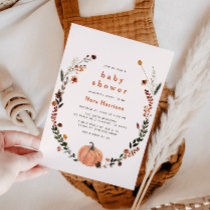 Cute Fall Floral Pumpkin Wreath Baby Shower Invitation