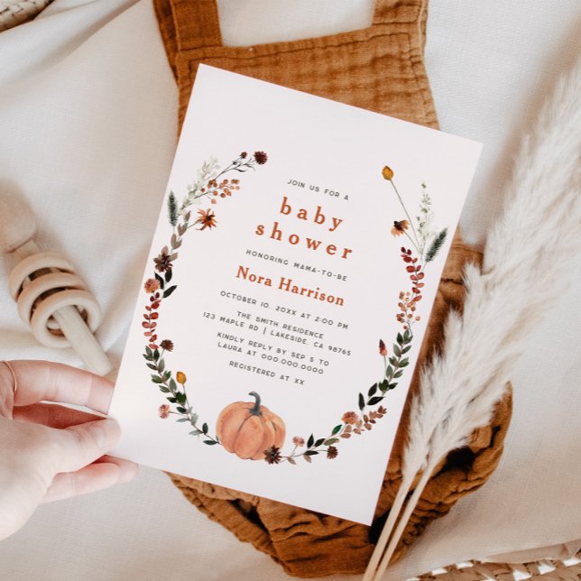 Cute Fall Floral Pumpkin Wreath Baby Shower Invitation (Creator Uploaded)