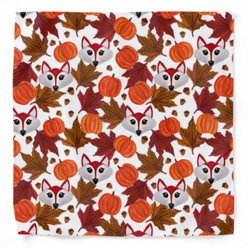 Cute Fall Fox Pumpkin Acorn Maple Leaf Watercolor Bandana