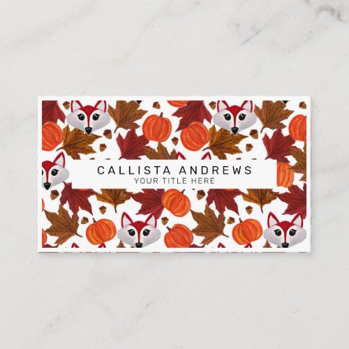 Cute Fall Fox Pumpkin Acorn Maple Leaf Watercolor Business Card