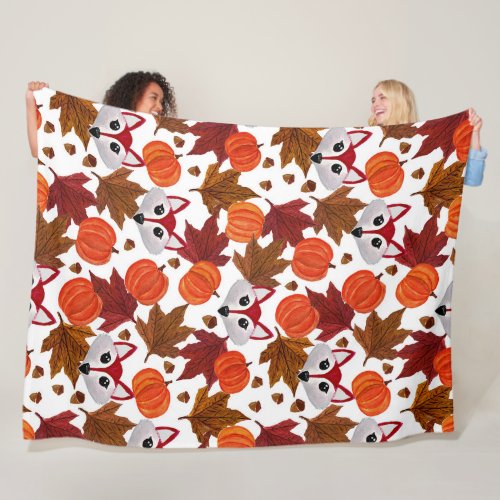 Cute Fall Fox Pumpkin Acorn Maple Leaf Watercolor Fleece Blanket