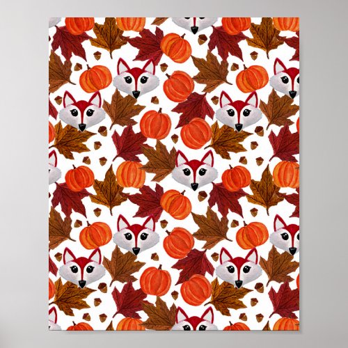 Cute Fall Fox Pumpkin Acorn Maple Leaf Watercolor Poster