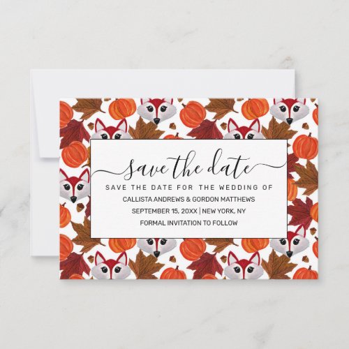 Cute Fall Fox Pumpkin Acorn Maple Leaf Watercolor Save The Date