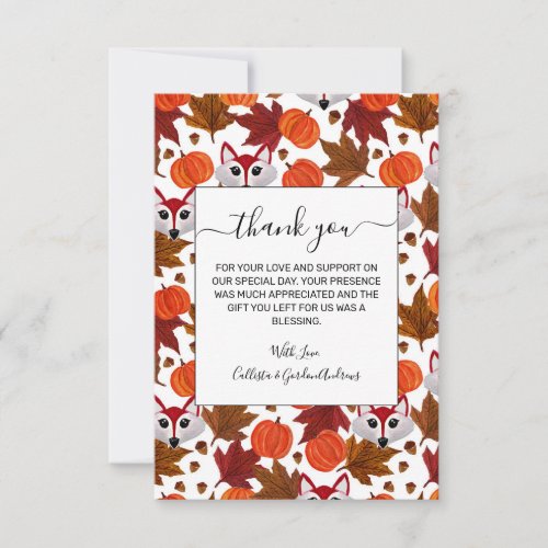 Cute Fall Fox Pumpkin Acorn Maple Leaf Watercolor Thank You Card