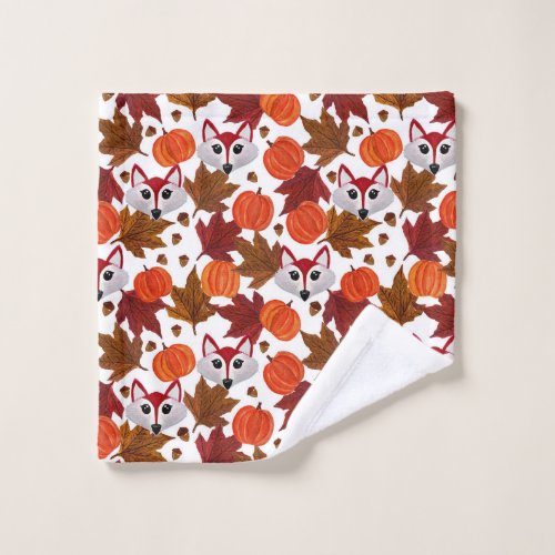 Cute Fall Fox Pumpkin Acorn Maple Leaf Watercolor Wash Cloth