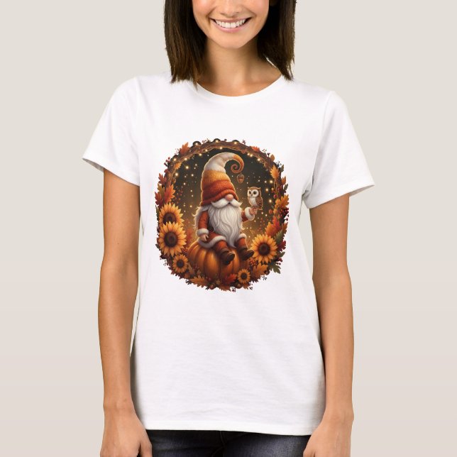 Cute Fall Gnome on Pumpkin with Owl T-Shirt (Front)