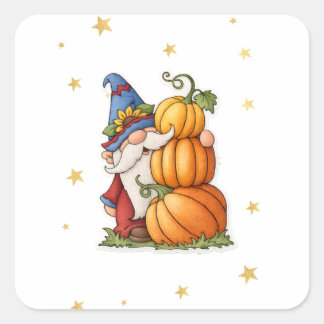 Cute Fall Gnome & Stacked Pumpkins Coffee Square Sticker