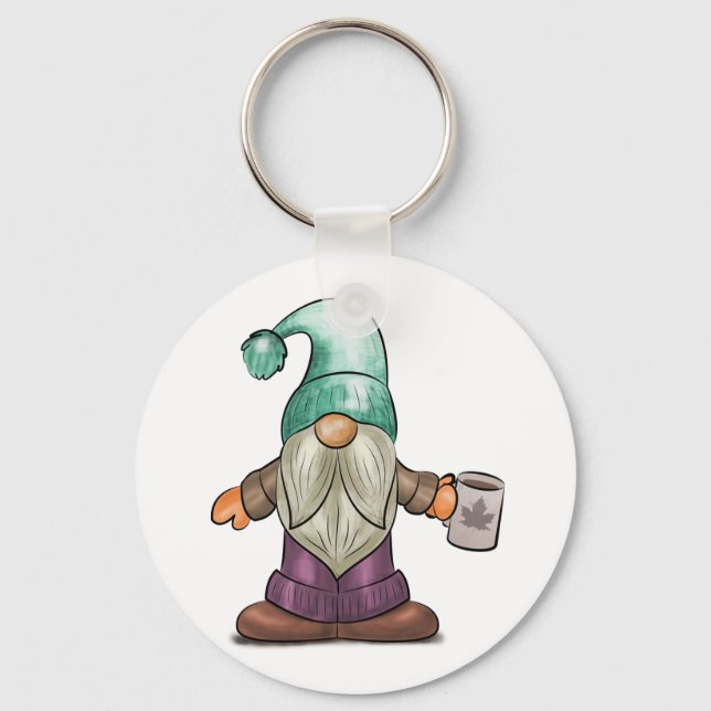 Cute Fall Gnome with Coffee Mug Keychain (Front)