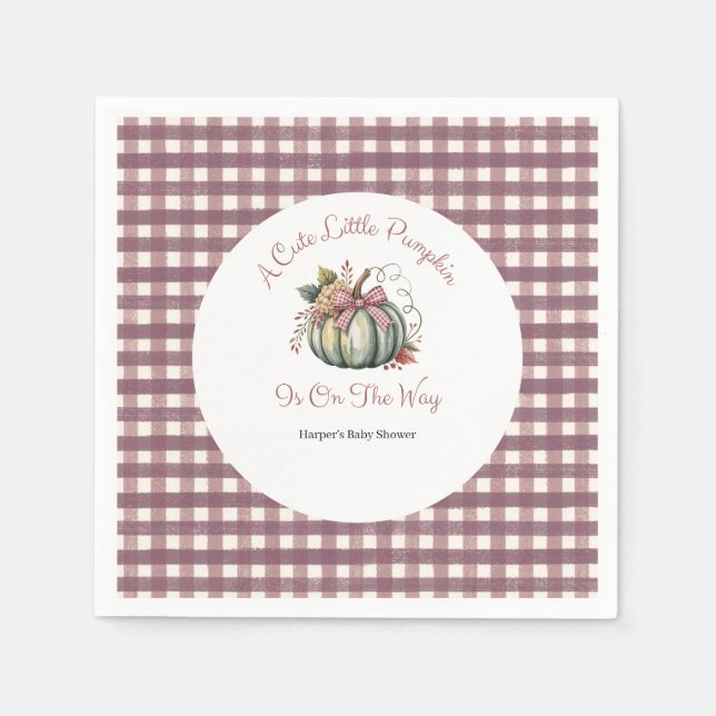 Cute Fall Green & Plum Pumpkin Themed Baby Shower Napkins (Front)